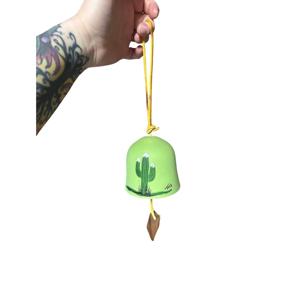 Green southwestern ceramic bell w saguaro painting, copper and leather string
